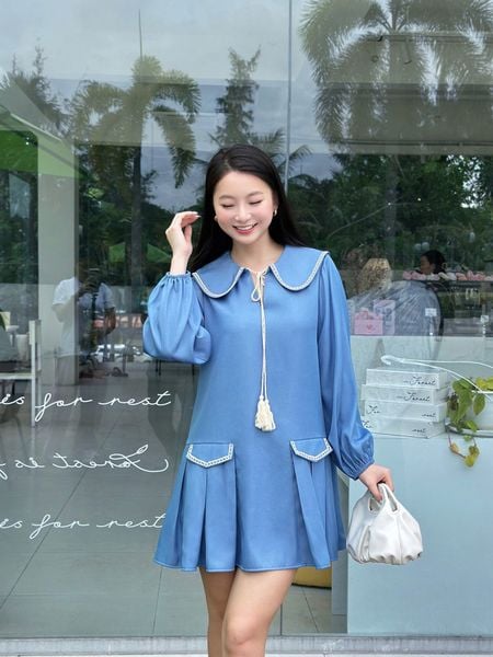  Đầm babydoll tay dài phối tùng xếp ly 