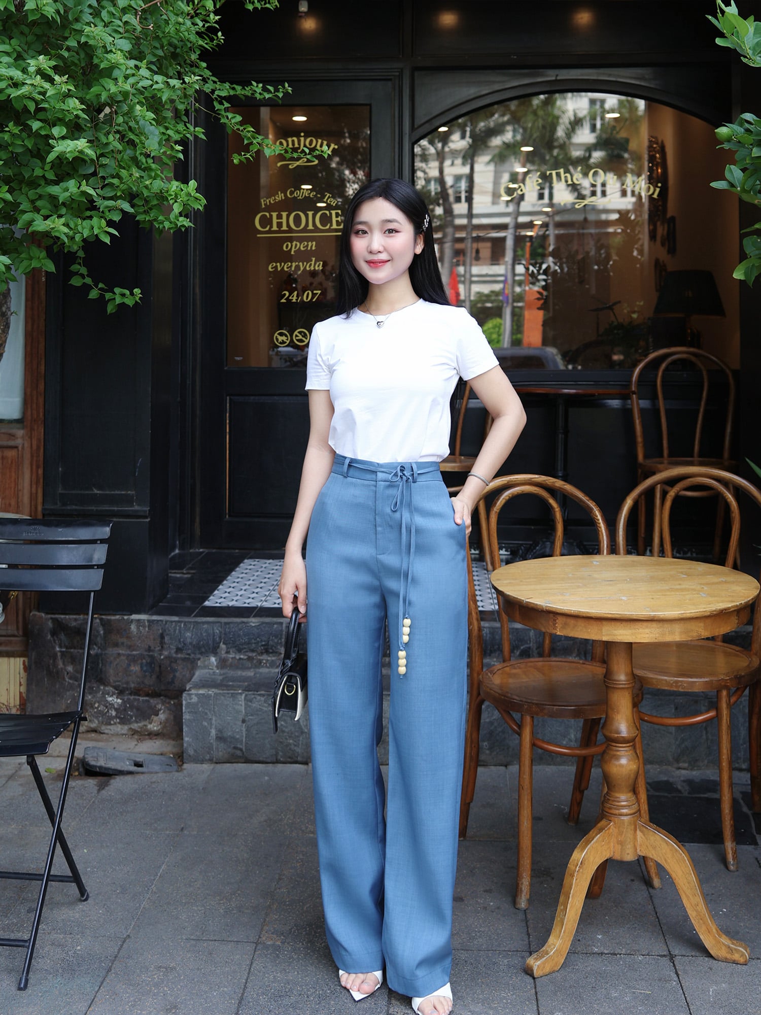 Quần tây ống suông luồn dây lưng gắn hạt gỗ