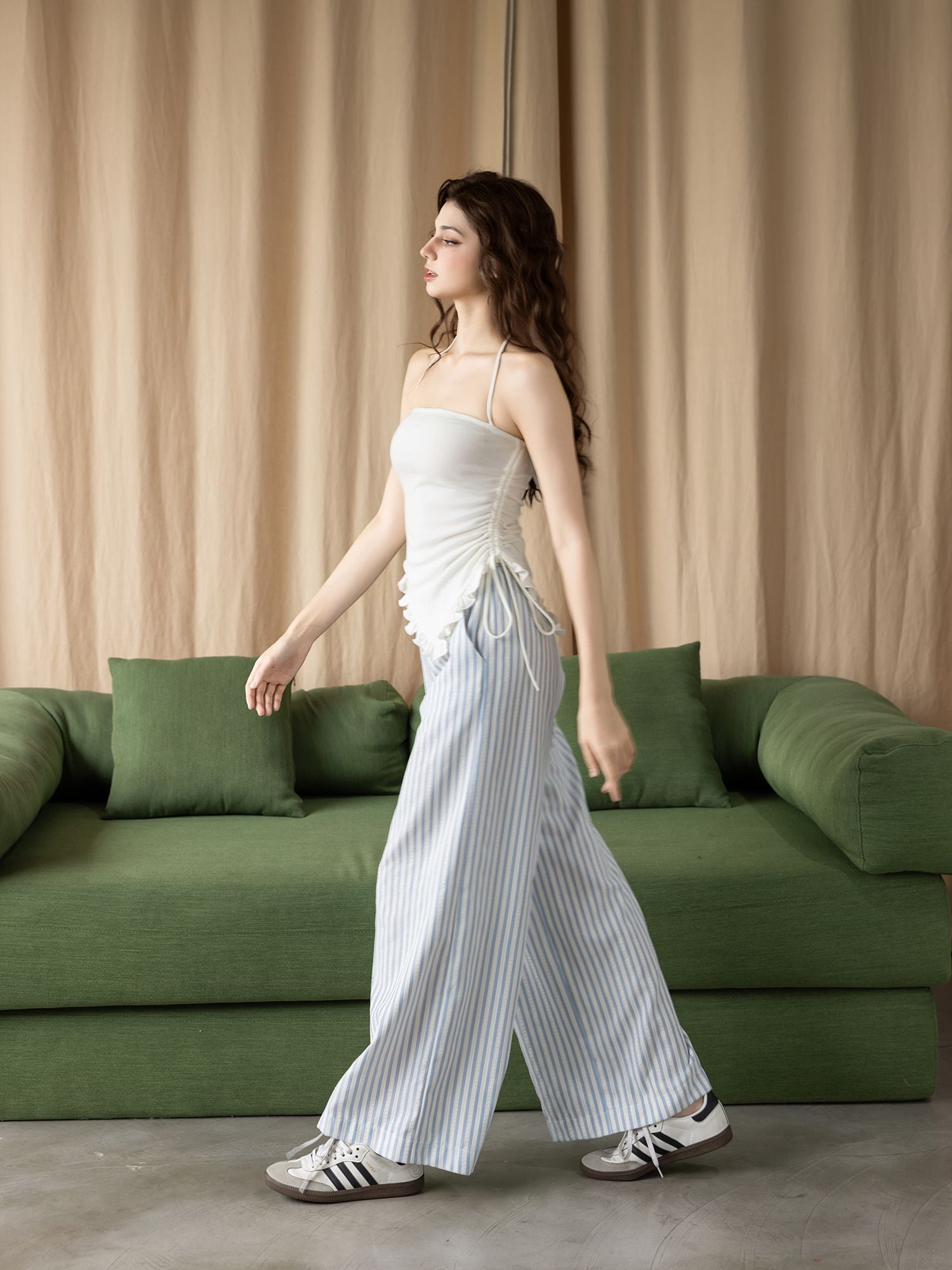  Quần dài ống suông vải sọc 