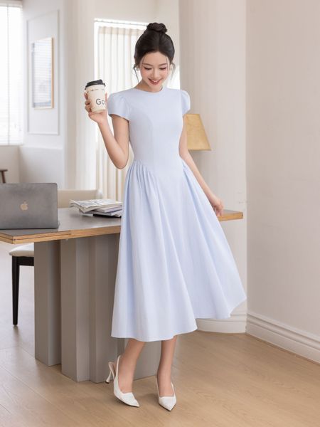  Đầm midi sọc nhún tùng 