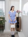  Đầm mini sọc cổ phối smocking eo 