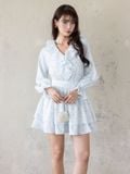  Đầm mini in hoa tay dài cổ phối bèo 