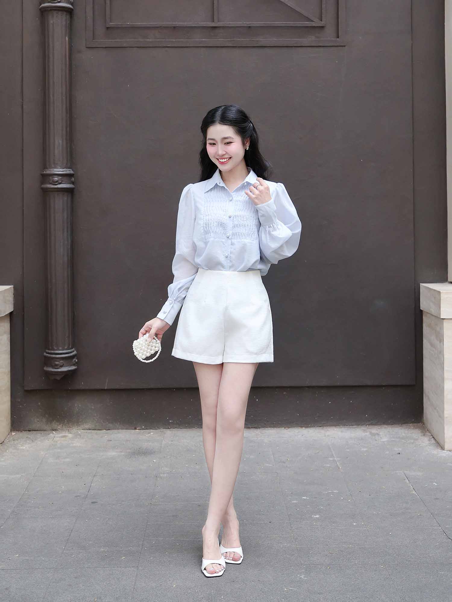 Áo sơ mi tơ kiểu linen phối ly ngực