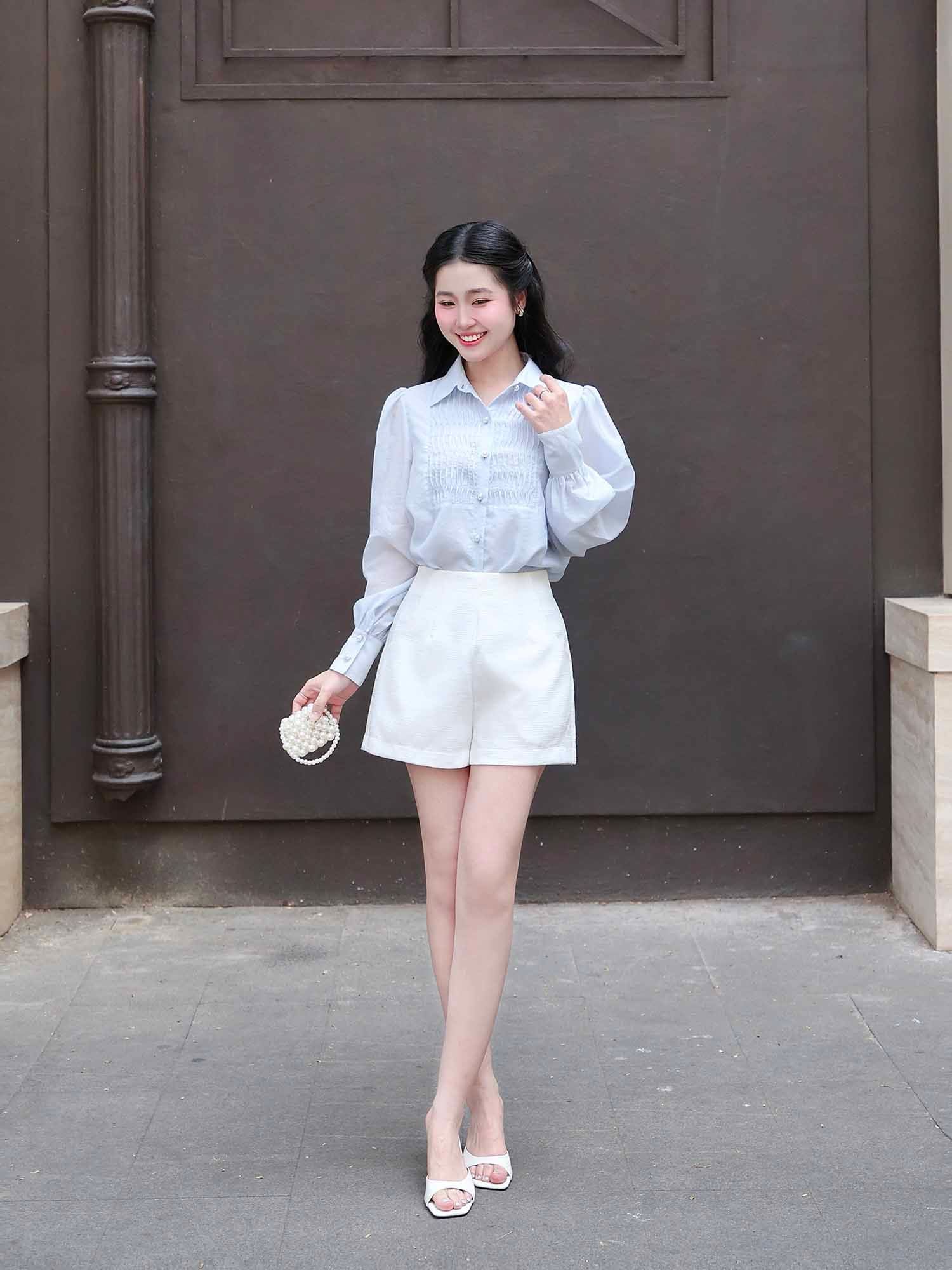  Áo sơ mi tơ kiểu linen phối ly ngực 