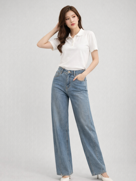  Quần Jean lưng cao ống rộng ráp xéo 