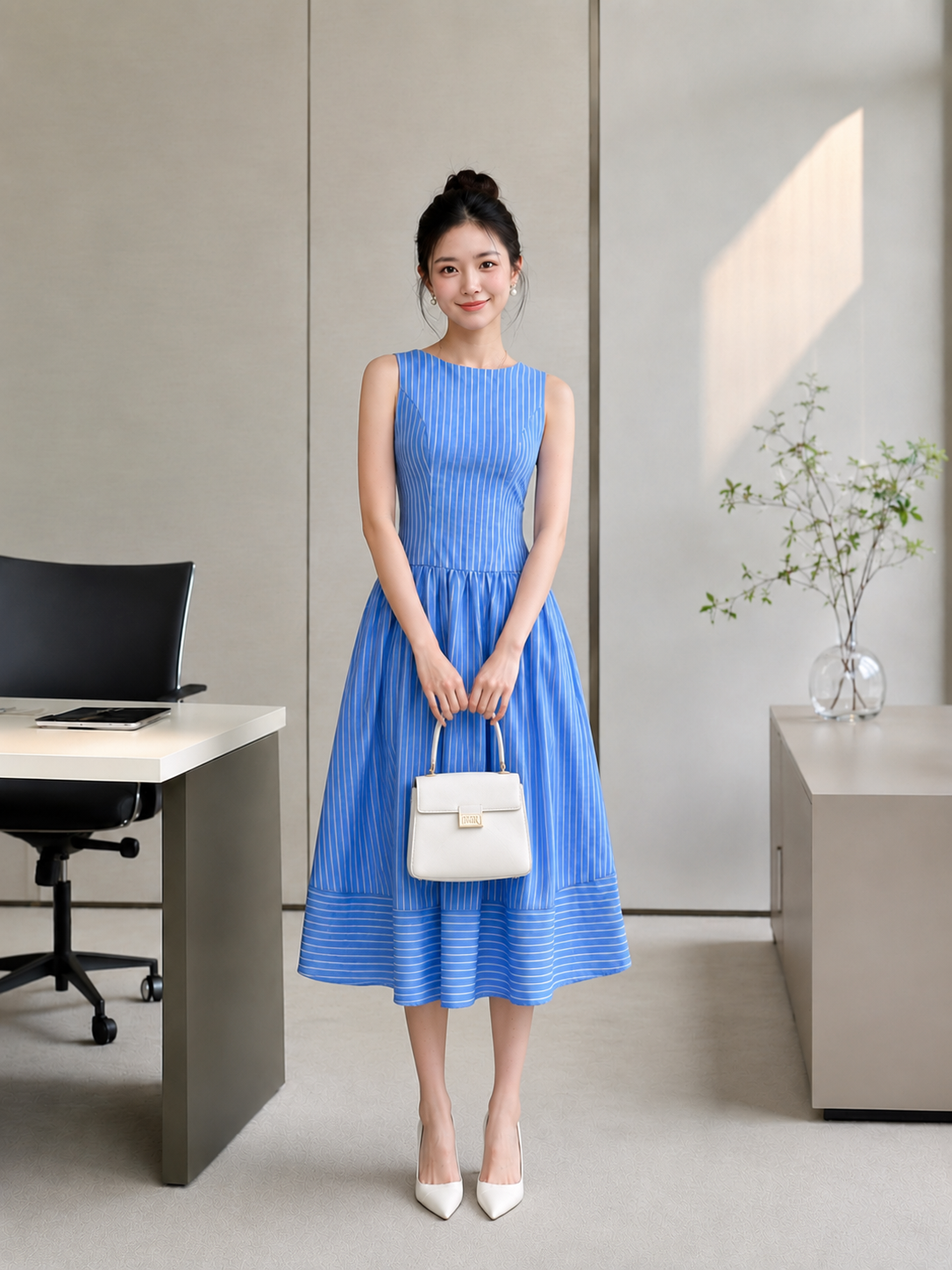  Đầm midi sọc sát nách chiết eo tùng xòe 