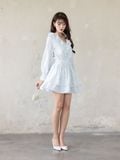  Đầm mini in hoa tay dài cổ phối bèo 