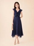 Đầm midi tơ chấm bi cổ V bèo 