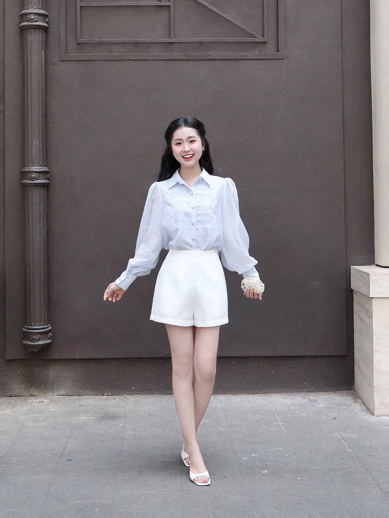 Áo sơ mi tơ kiểu linen phối ly ngực