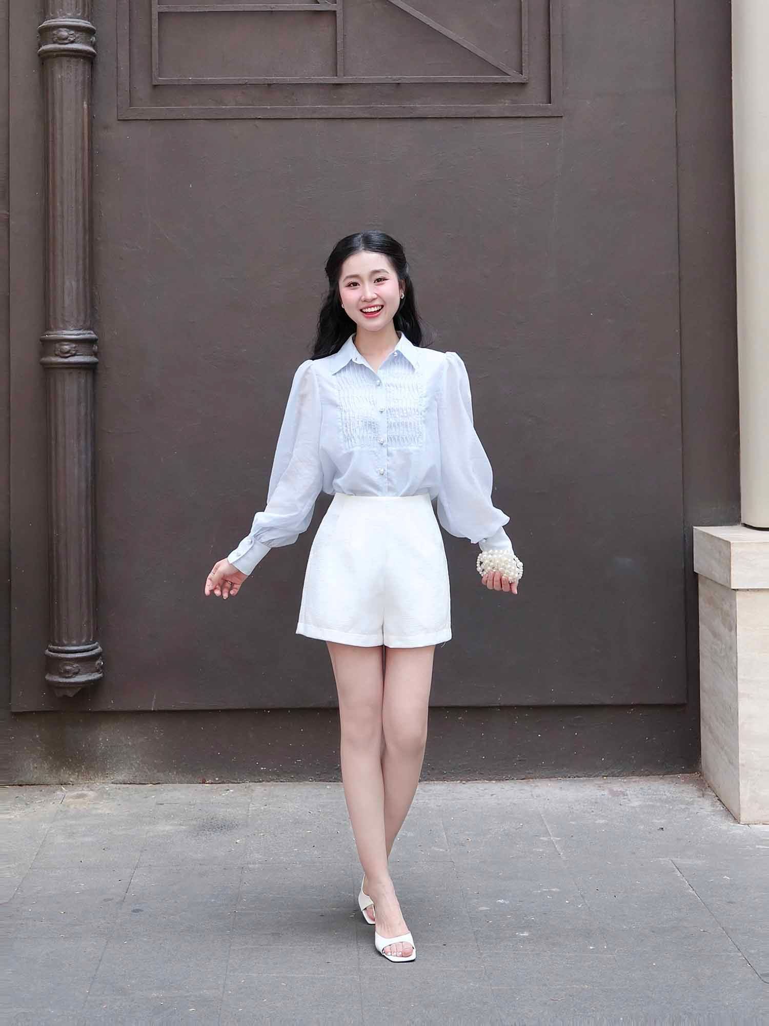  Áo sơ mi tơ kiểu linen phối ly ngực 