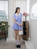  Đầm mini sọc cổ phối smocking eo 