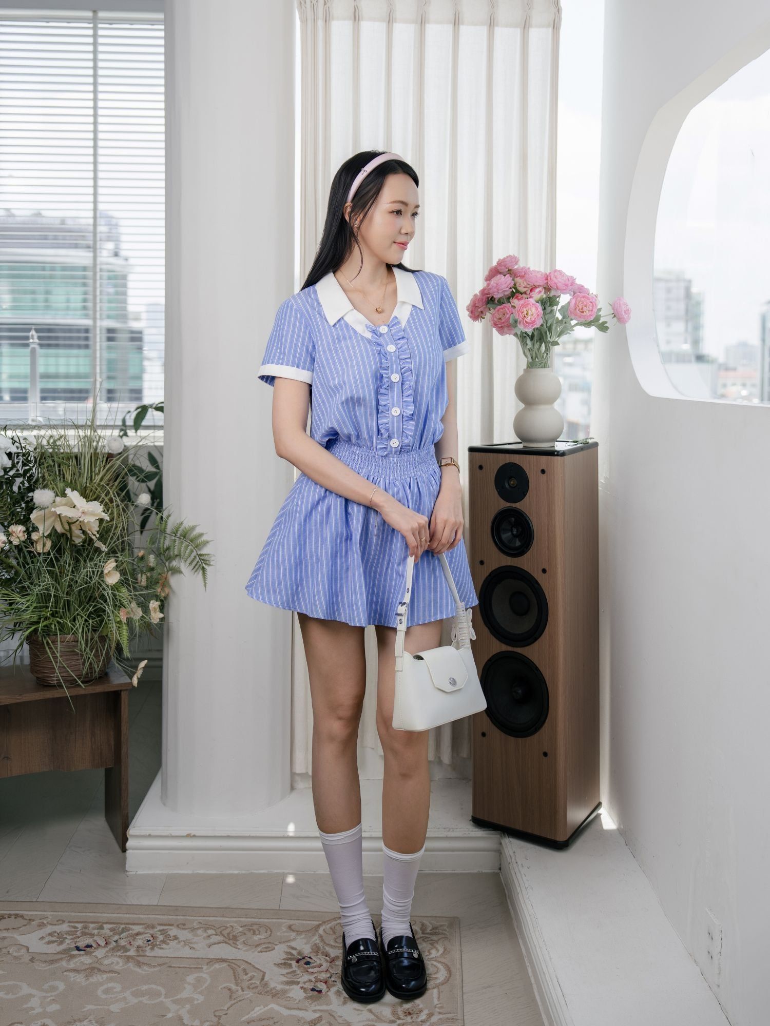 Đầm mini sọc cổ phối smocking eo 