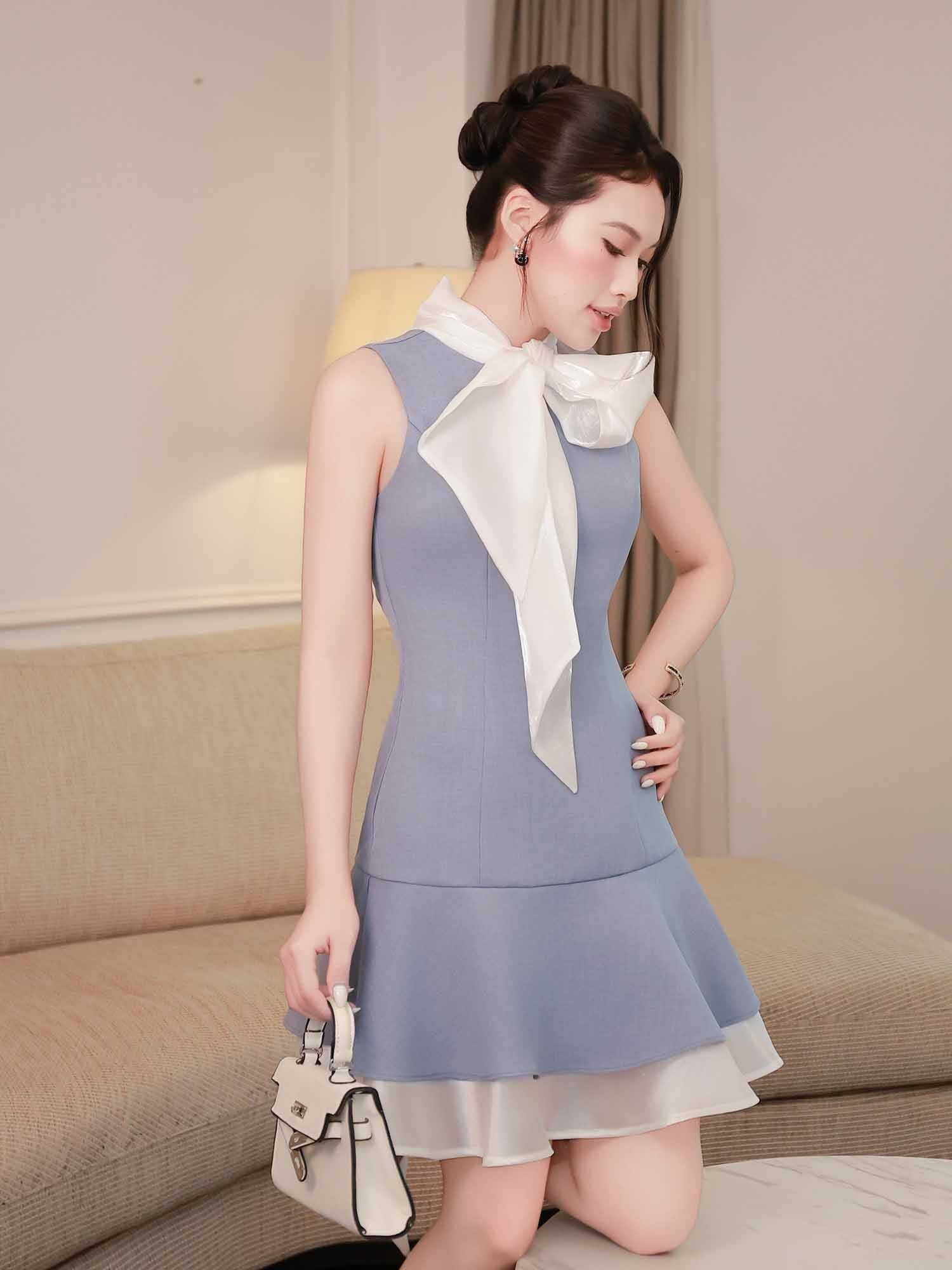  Đầm mini hai tầng phối nơ cổ Organza 