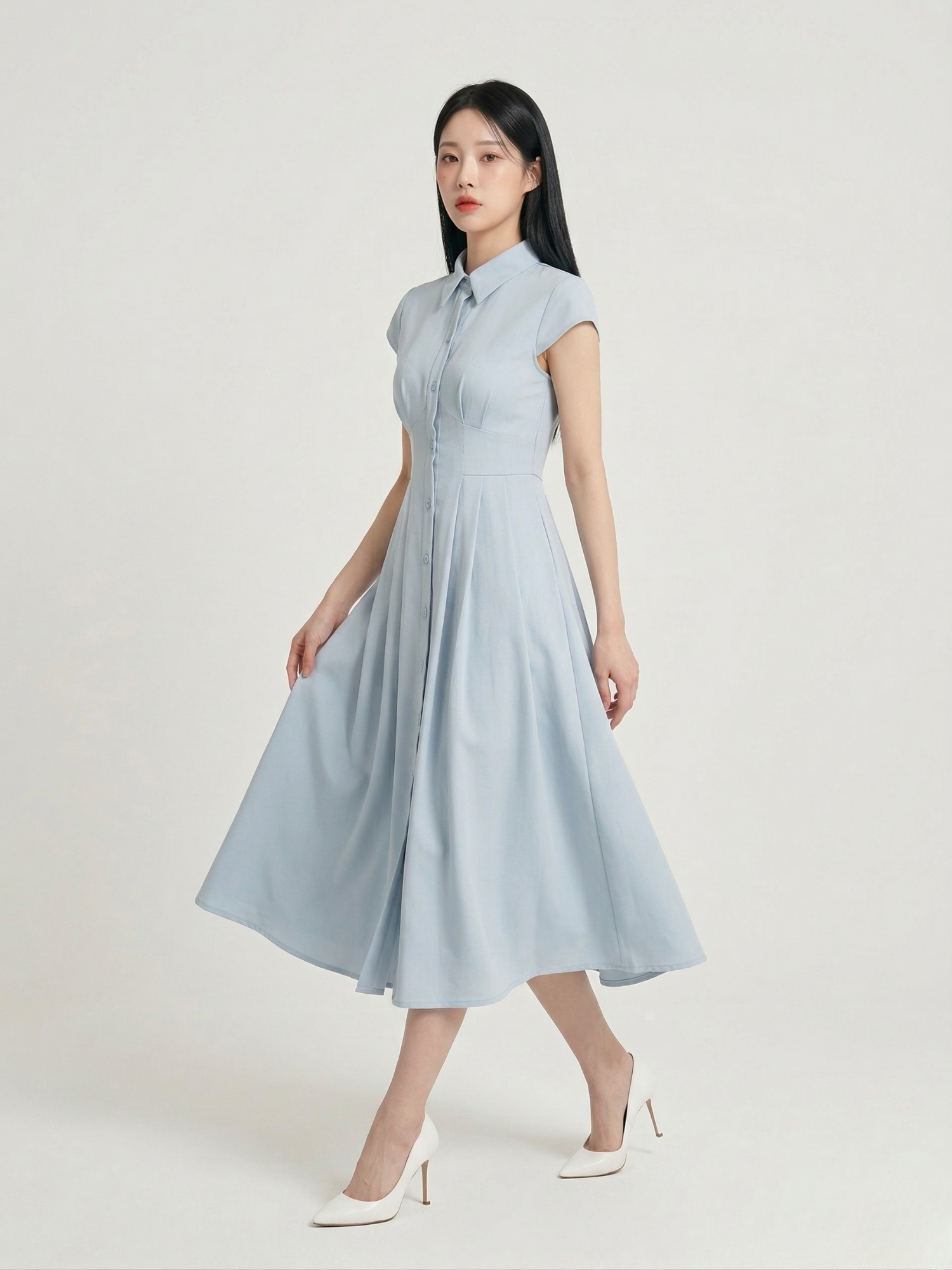  Đầm maxi gài nút xếp li xòe 
