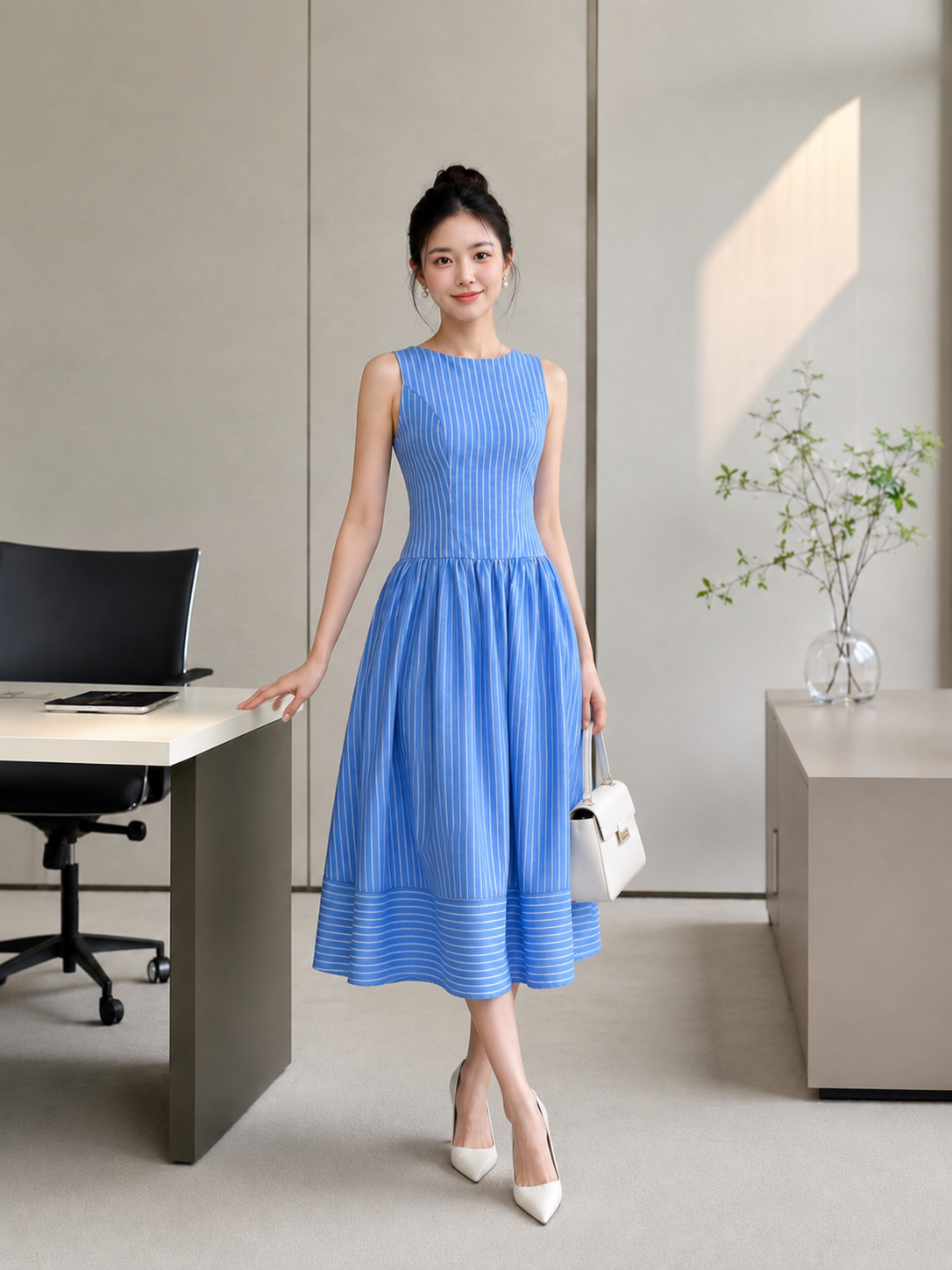  Đầm midi sọc sát nách chiết eo tùng xòe 