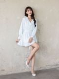  Đầm mini in hoa tay dài cổ phối bèo 