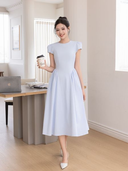  Đầm midi sọc nhún tùng 