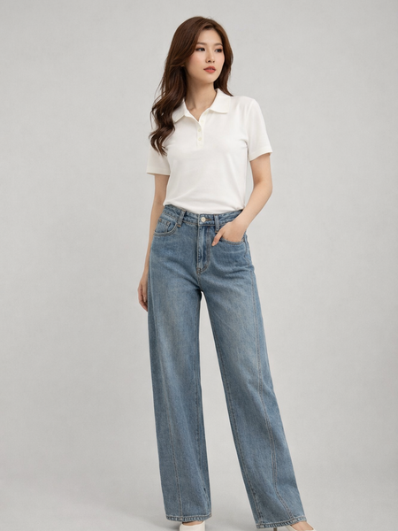  Quần Jean lưng cao ống rộng ráp xéo 