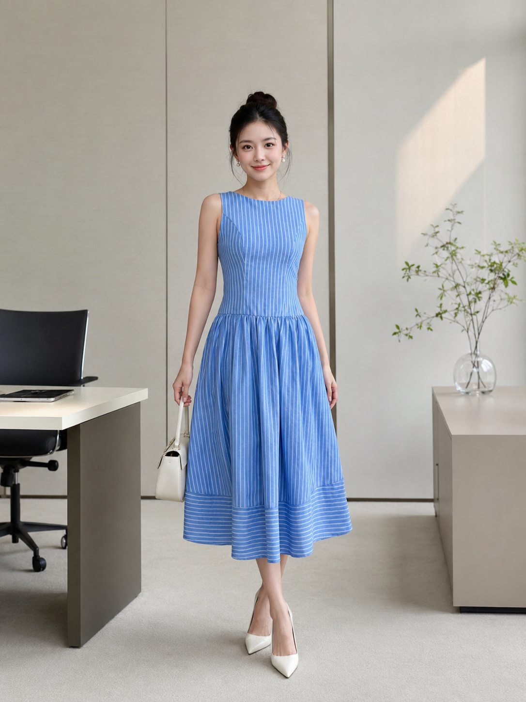  Đầm midi sọc sát nách chiết eo tùng xòe 