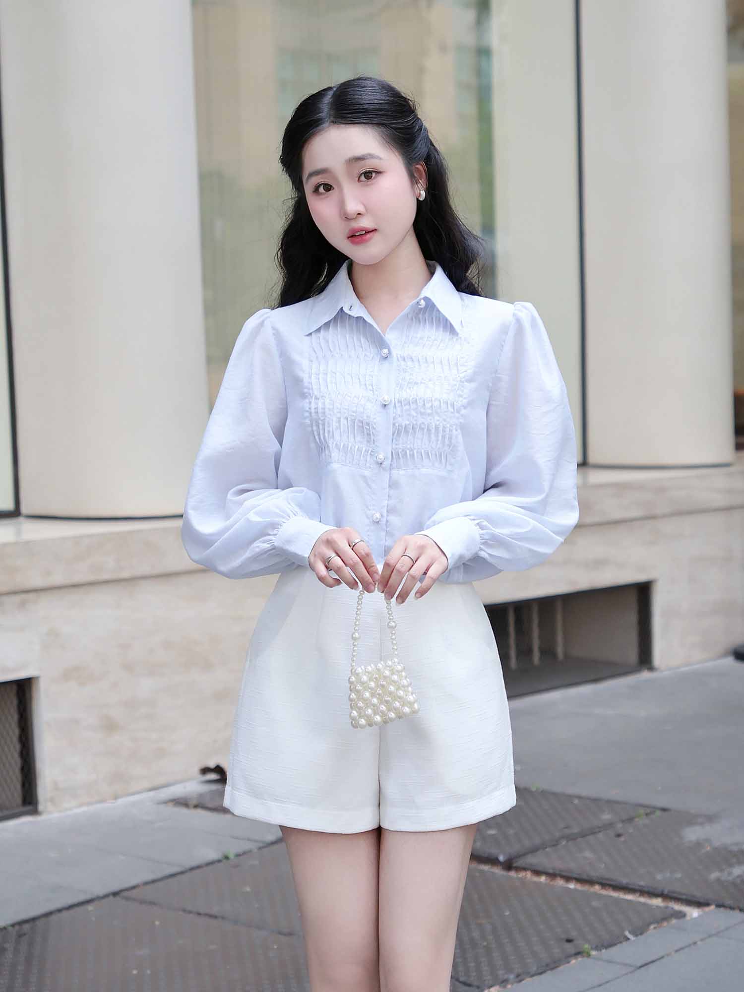 Áo sơ mi tơ kiểu linen phối ly ngực