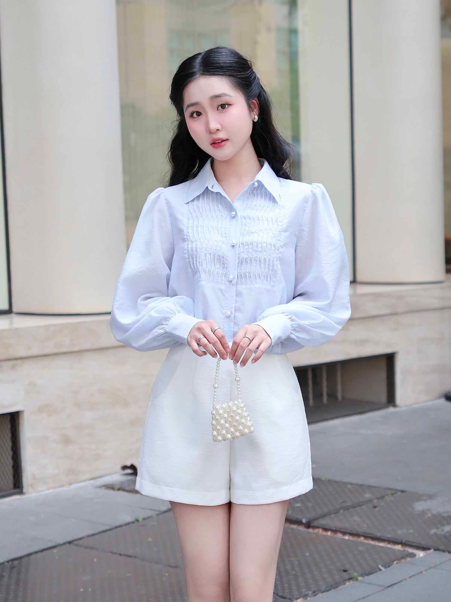  Áo sơ mi tơ kiểu linen phối ly ngực 