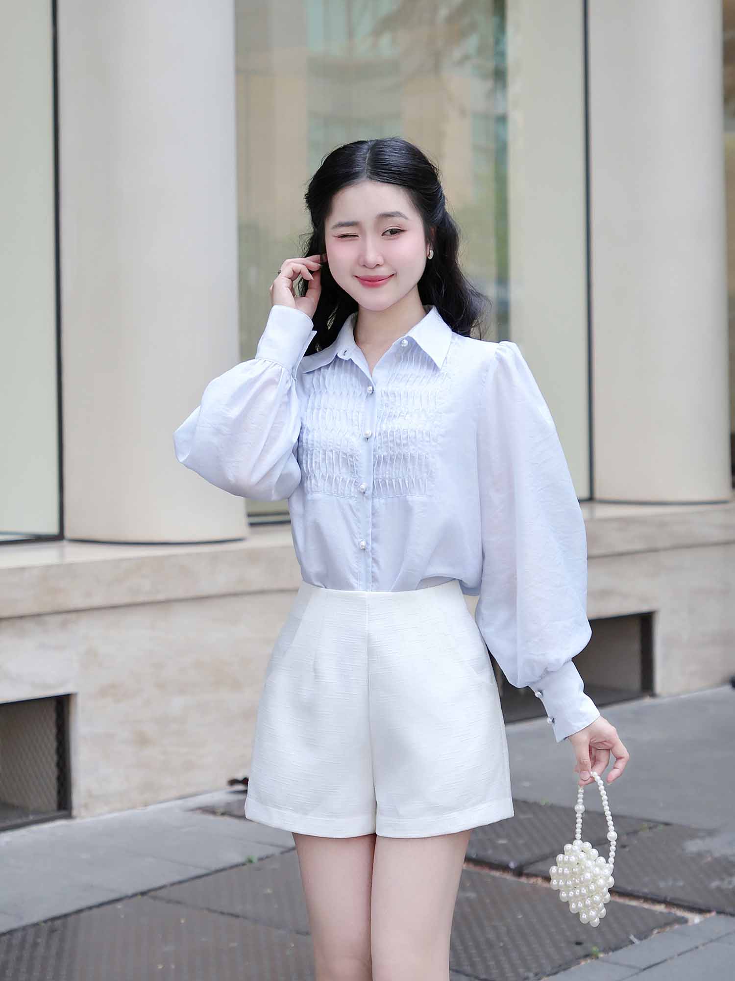 Áo sơ mi tơ kiểu linen phối ly ngực
