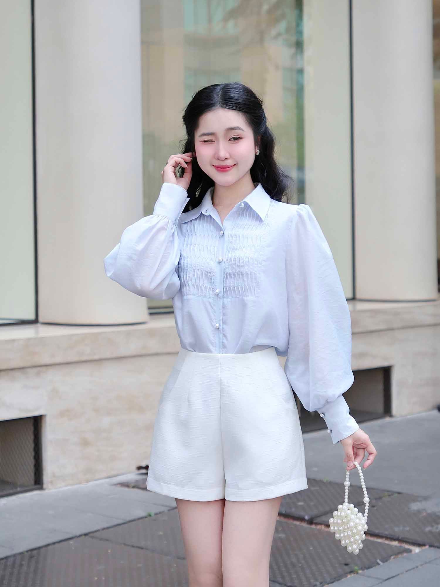  Áo sơ mi tơ kiểu linen phối ly ngực 