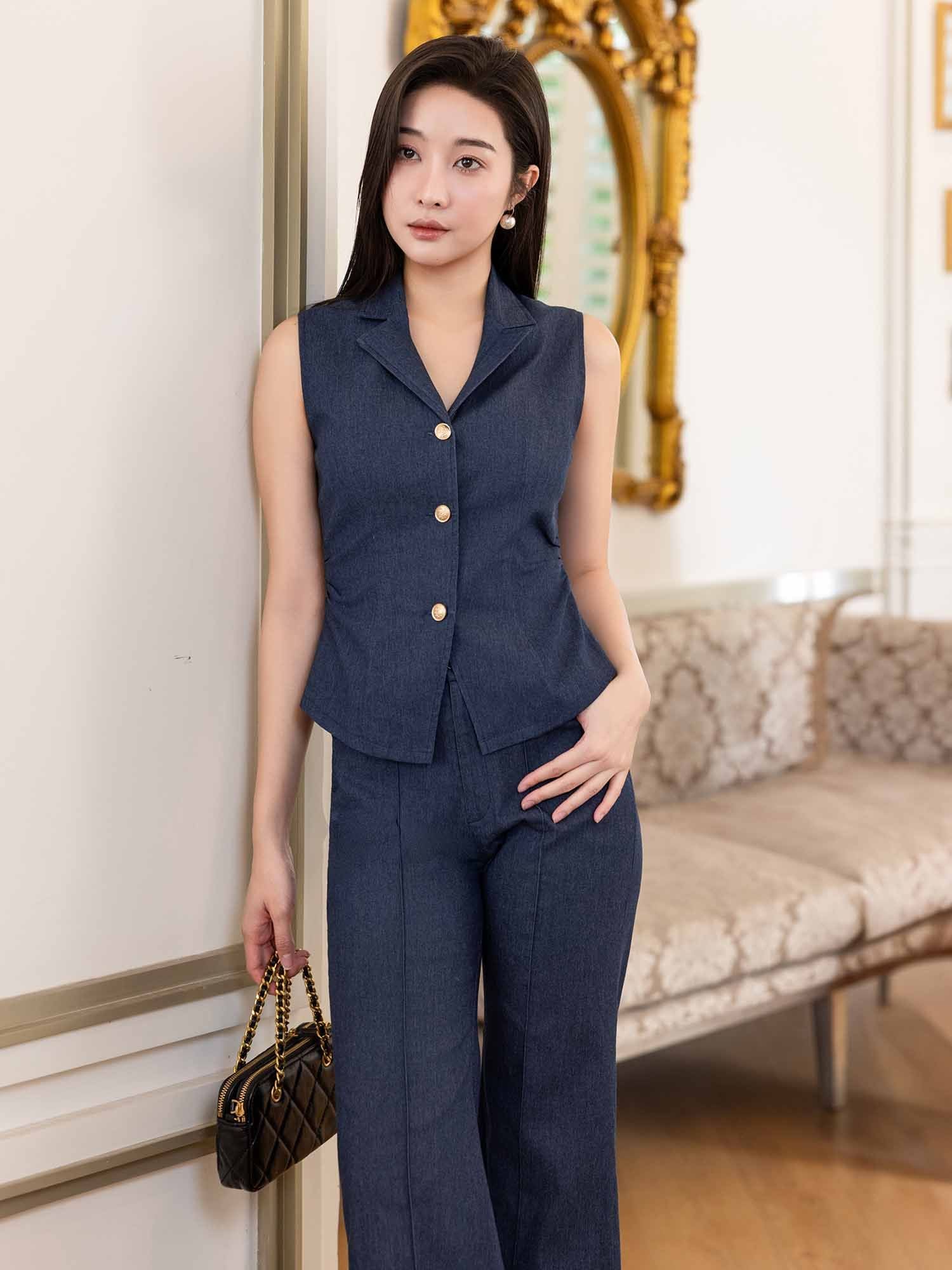  Áo gile jean mỏng nhún eo 