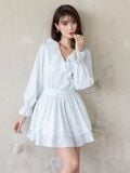  Đầm mini in hoa tay dài cổ phối bèo 