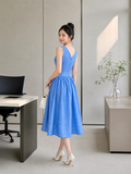  Đầm midi sọc sát nách chiết eo tùng xòe 