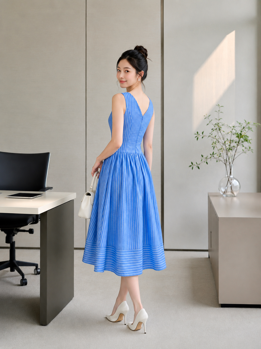  Đầm midi sọc sát nách chiết eo tùng xòe 