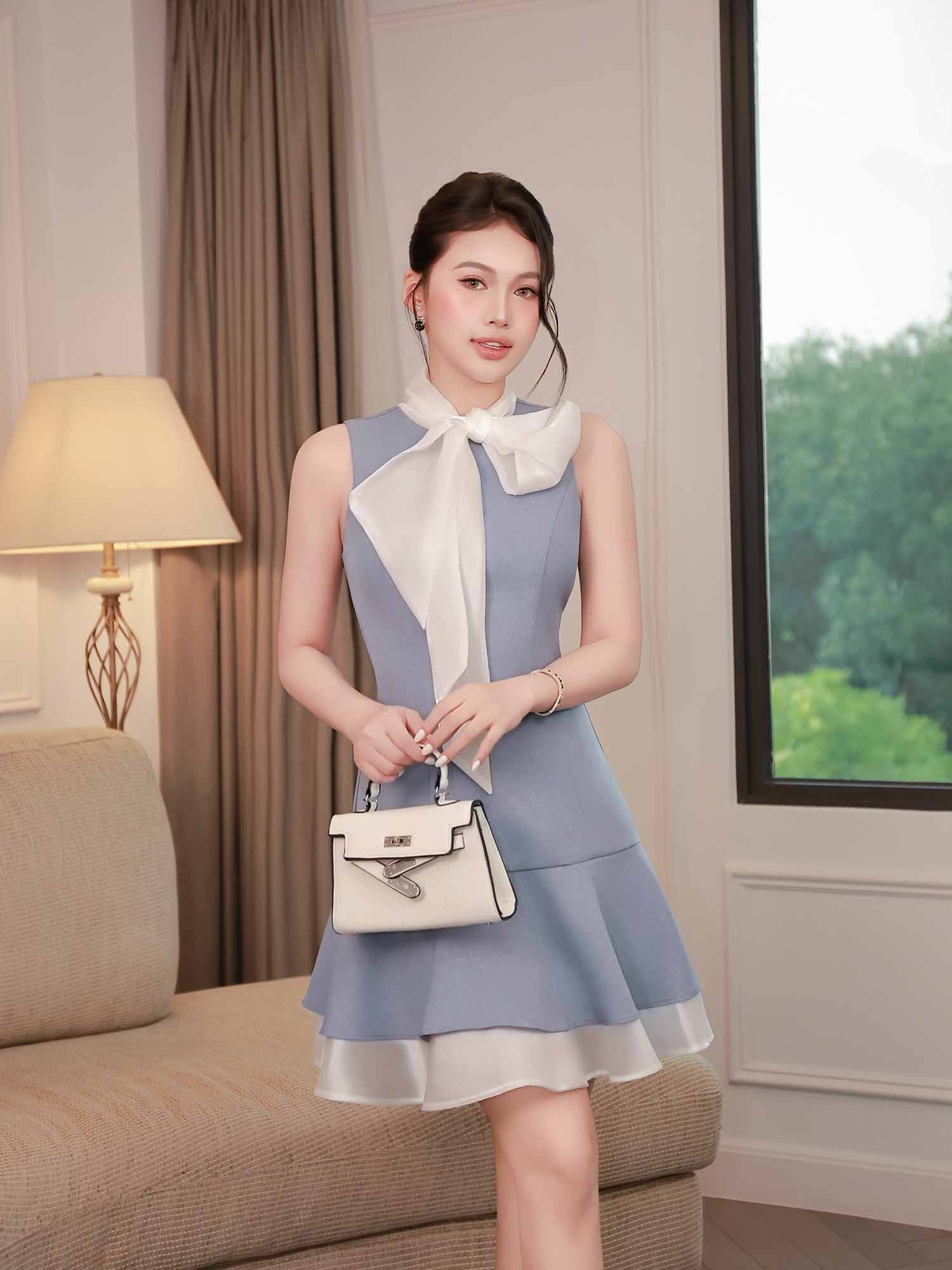 Đầm mini hai tầng phối nơ cổ Organza