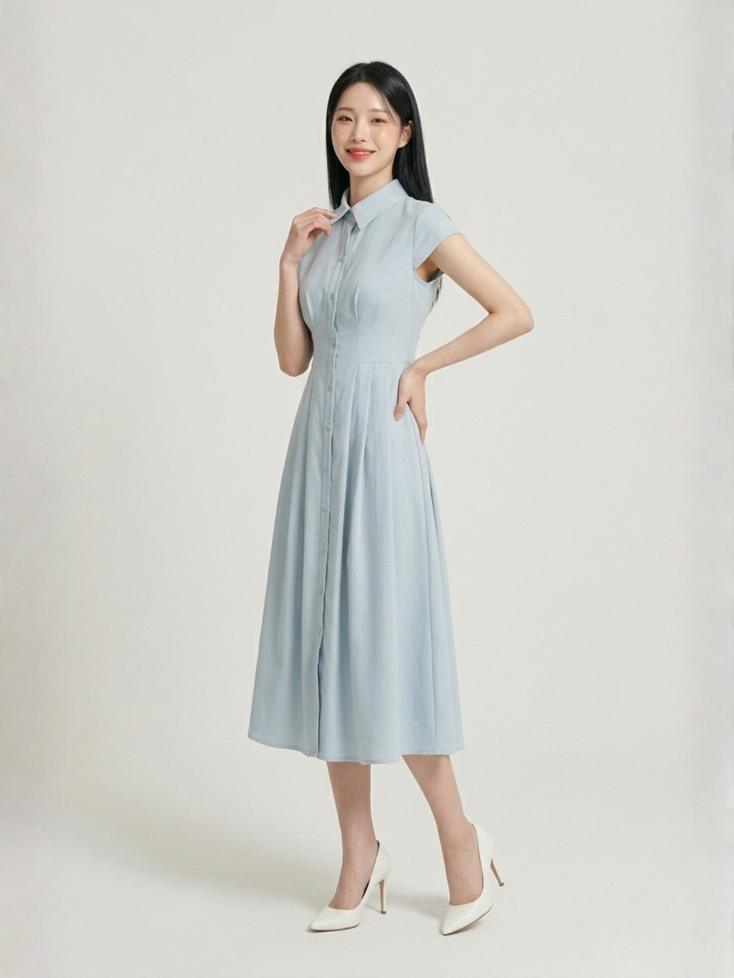 Đầm maxi gài nút xếp li xòe