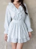  Đầm mini in hoa tay dài cổ phối bèo 