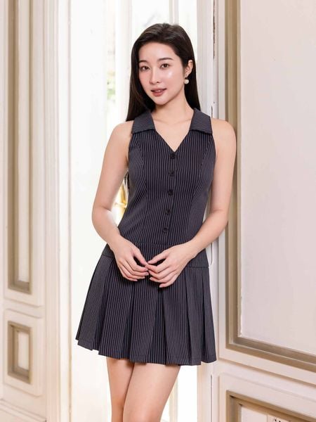 Đầm mini sọc cổ sơ mi xếp ly tùng 