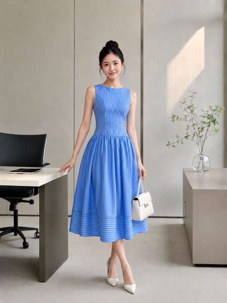  Đầm midi sọc sát nách chiết eo tùng xòe 