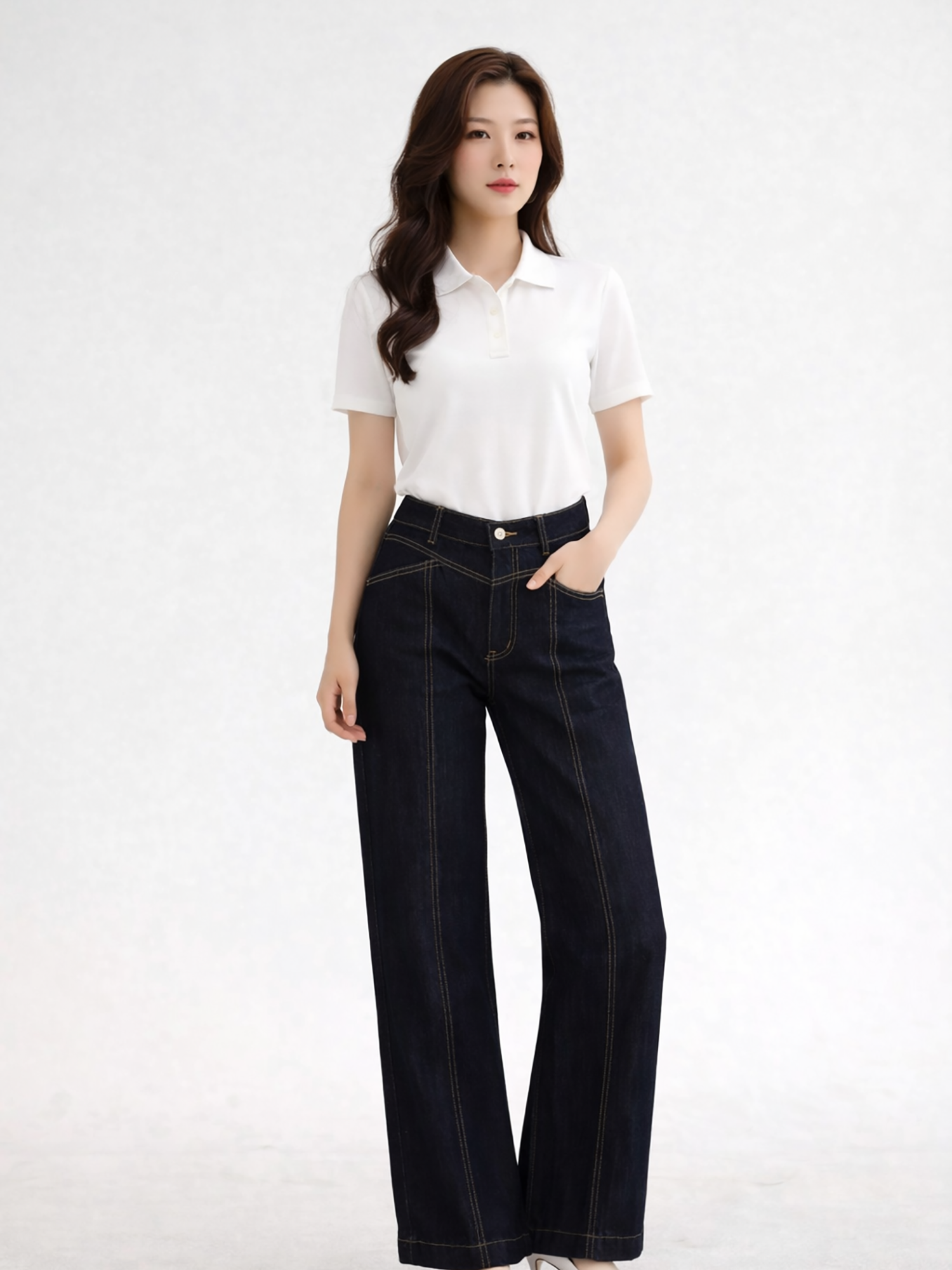  Quần Jean ống rộng phối mảnh diễu chỉ nổi 