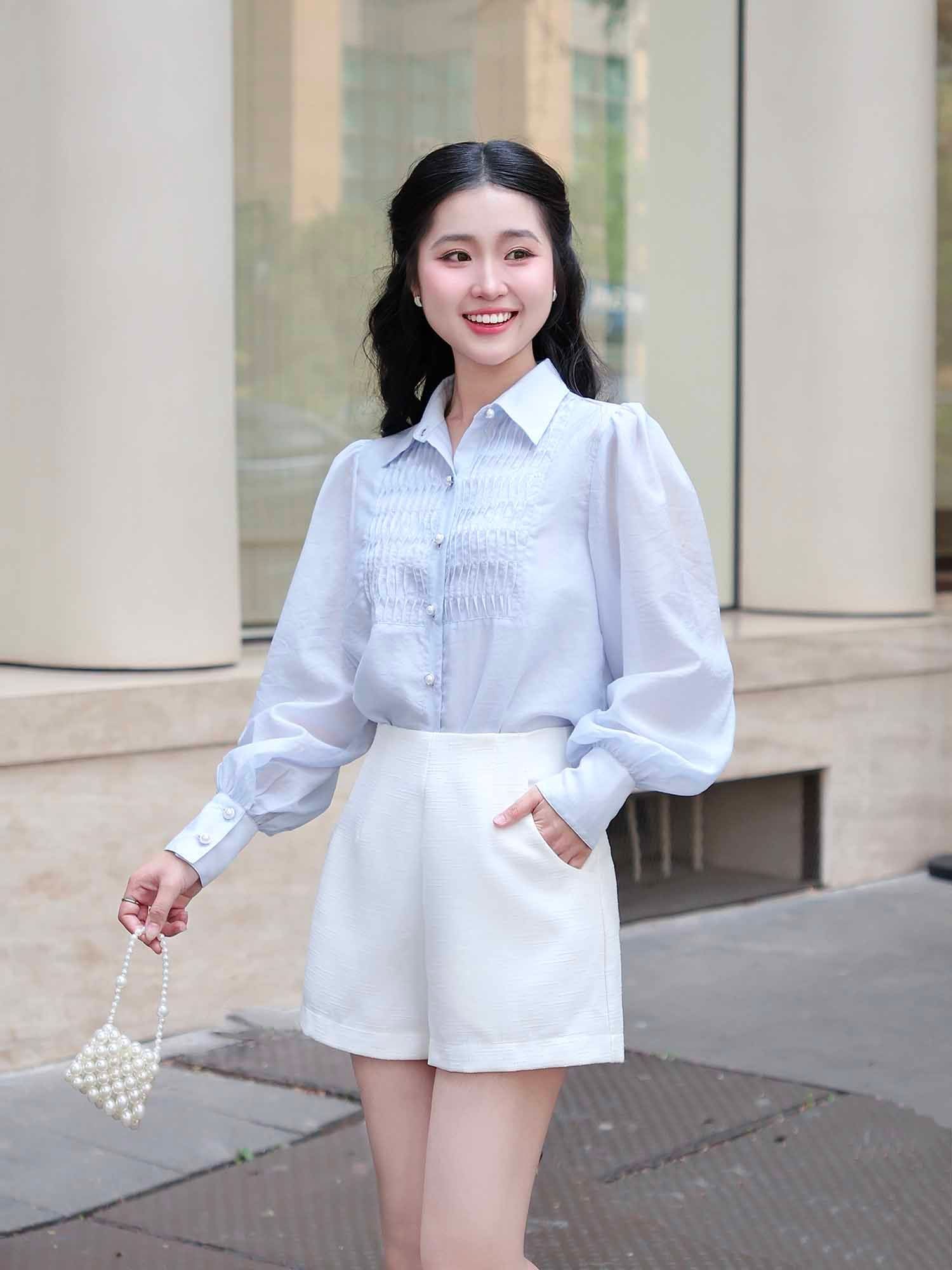  Áo sơ mi tơ kiểu linen phối ly ngực 
