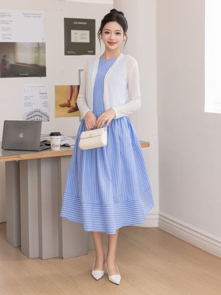  Đầm midi sọc sát nách chiết eo tùng xòe 