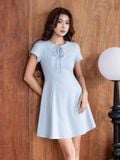  Đầm mini Linen cổ giọt nước thắt nơ 