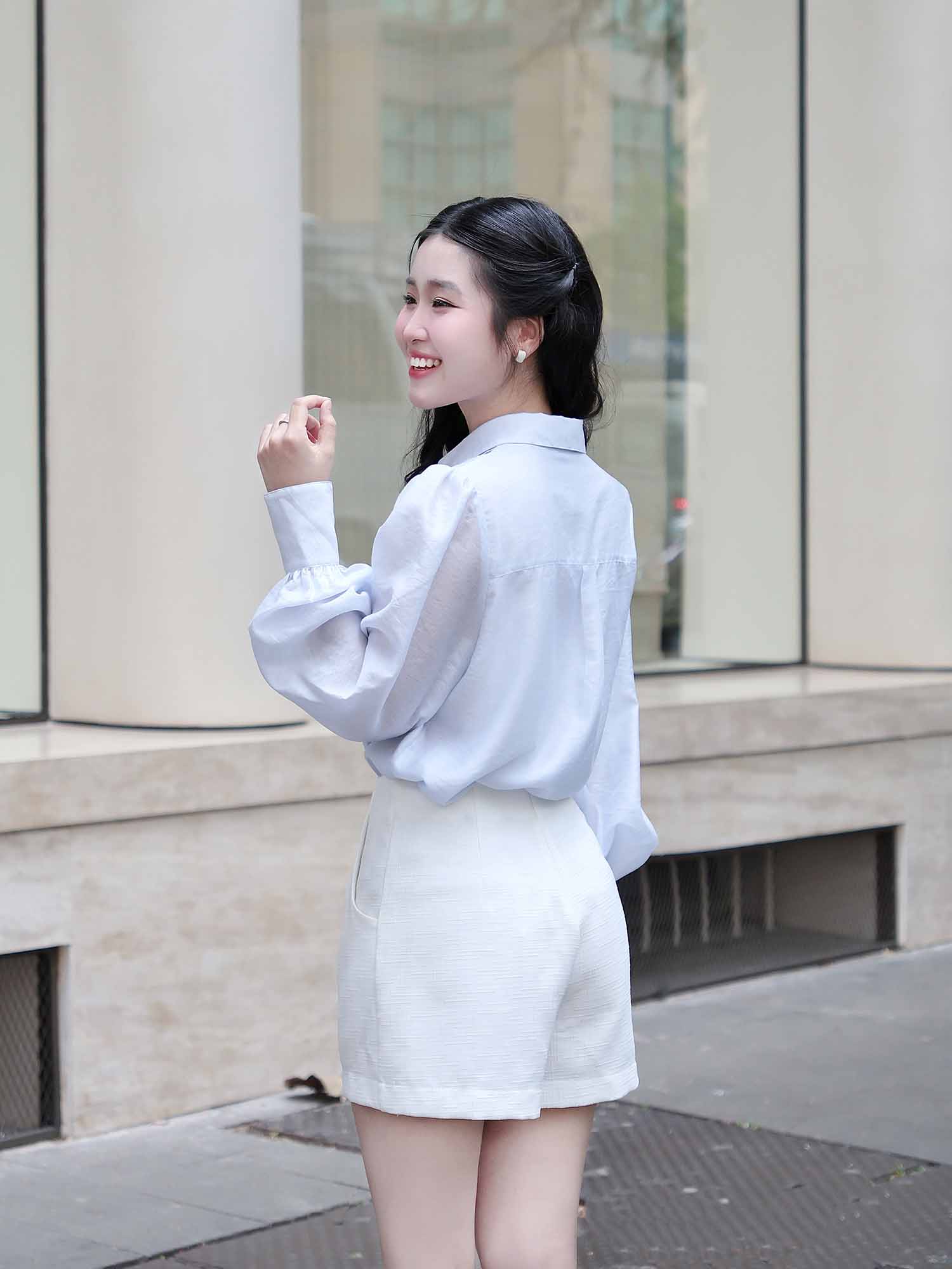 Áo sơ mi tơ kiểu linen phối ly ngực