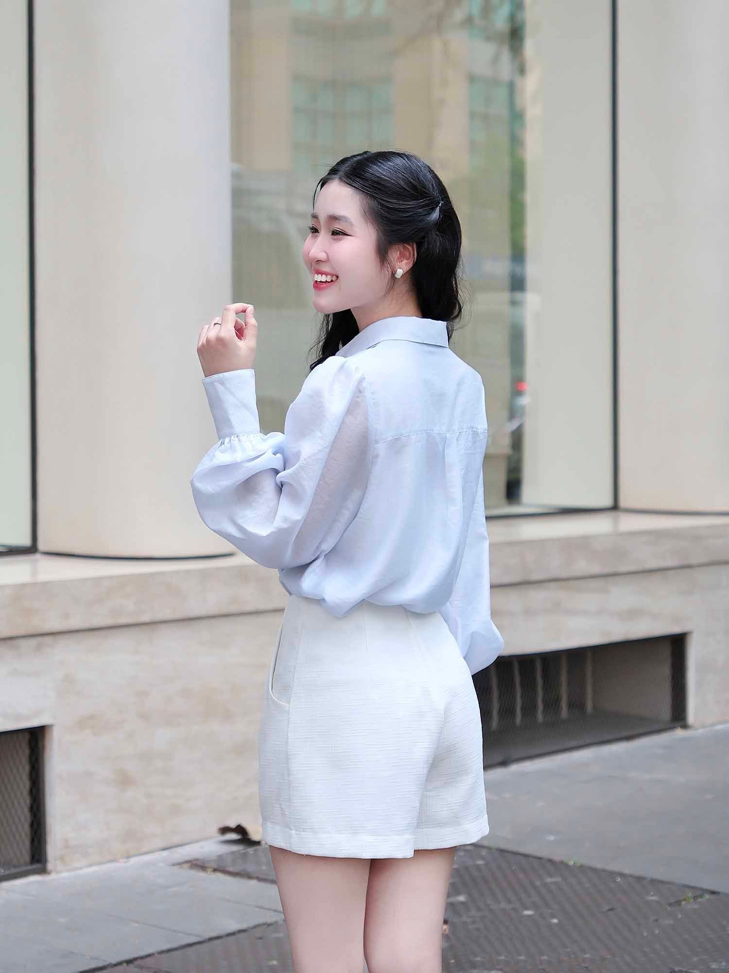  Áo sơ mi tơ kiểu linen phối ly ngực 