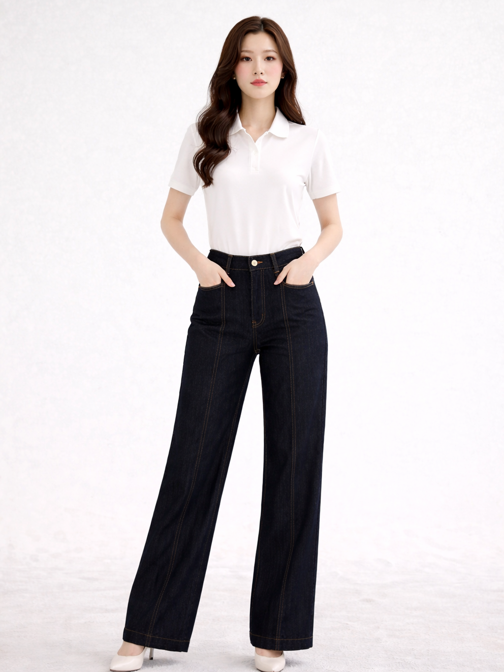 Quần Jean ống rộng phối mảnh diễu chỉ nổi