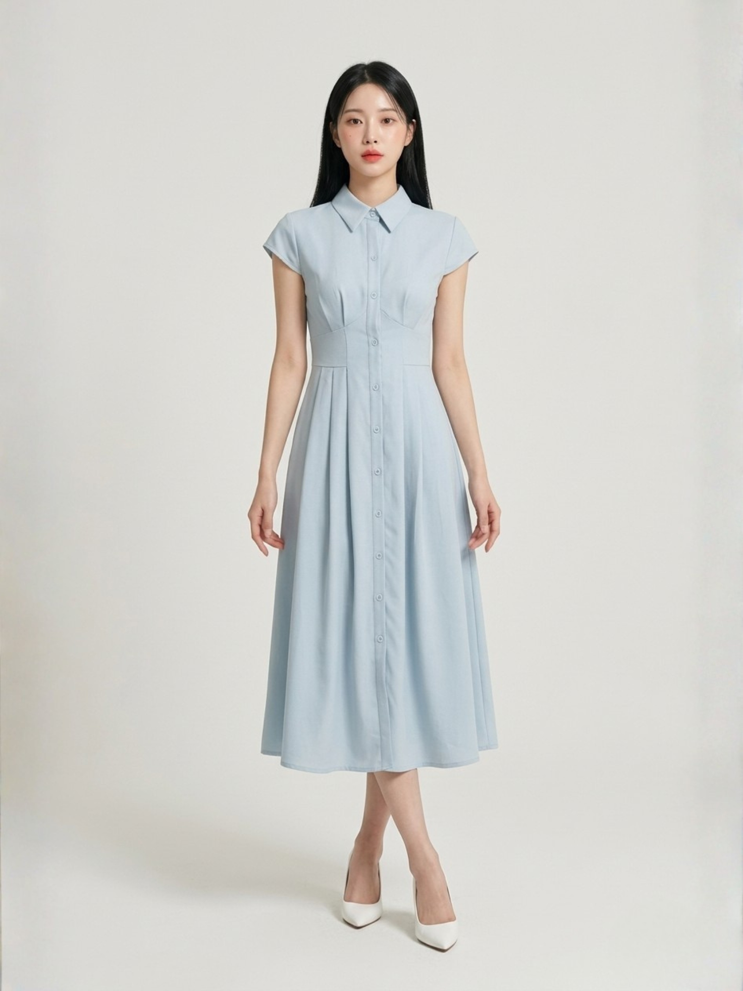  Đầm maxi gài nút xếp li xòe 