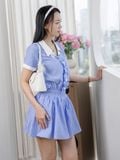  Đầm mini sọc cổ phối smocking eo 