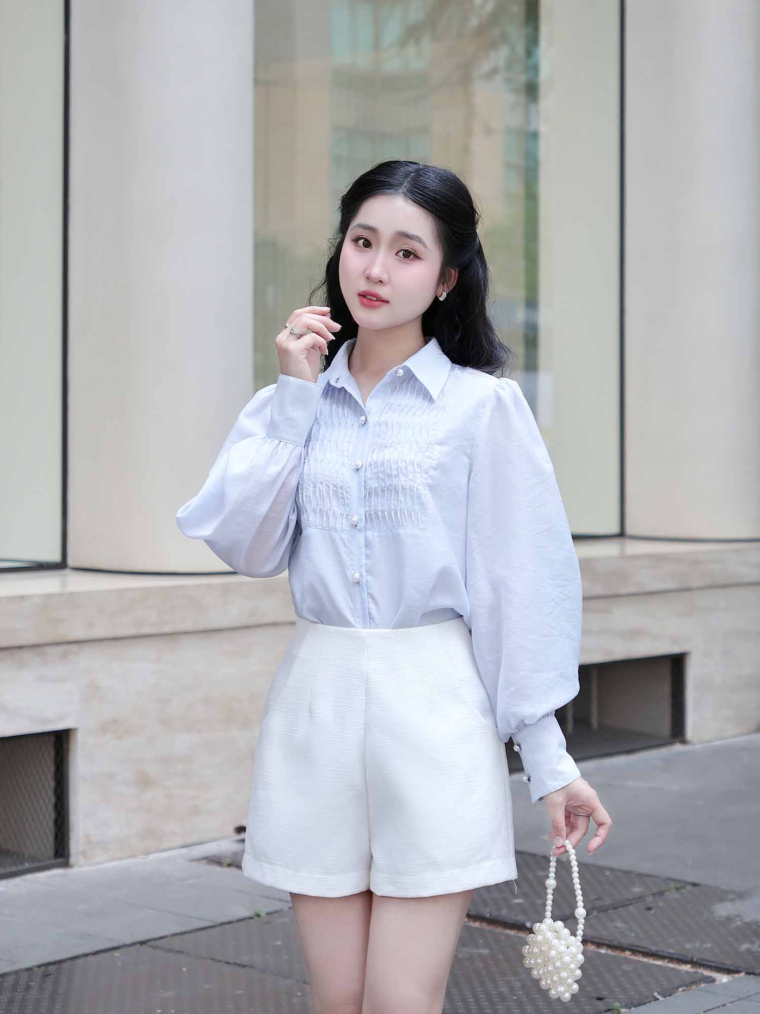 Áo sơ mi tơ kiểu linen phối ly ngực