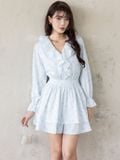  Đầm mini in hoa tay dài cổ phối bèo 