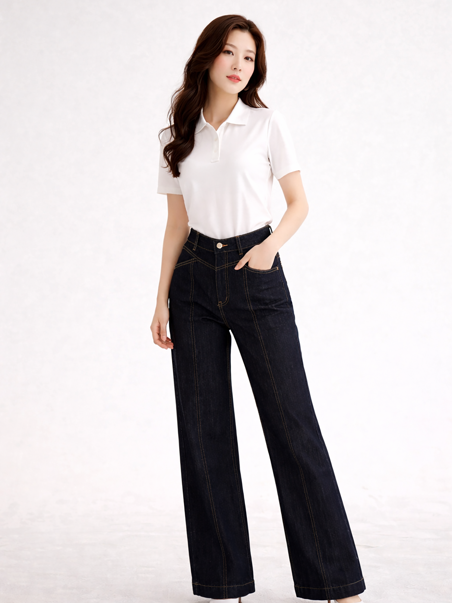 Quần Jean ống rộng phối mảnh diễu chỉ nổi