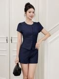  Áo cổ tròn denim nút bọc 