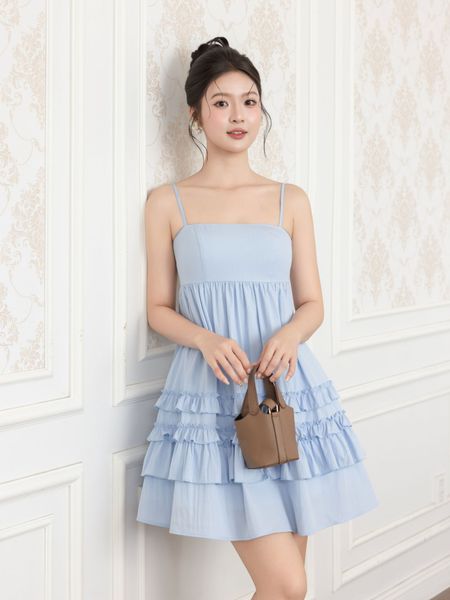  Đầm mini babydoll hai dây tùng phối bèo 